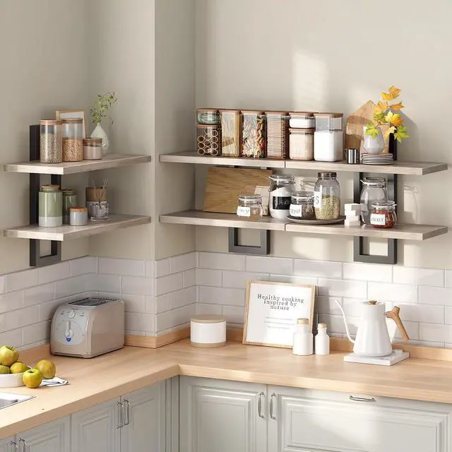 Alt view image 3 of 7 - Floating Shelves, 15 Inch Wall Shelf Set of 3, Wall Mounted Storage Shelves 2-Tier, Hanging Bathroom Shelves, for Living Room, Bedroom, Bathroom, Kitchen, Greige and Black BG32BJP301