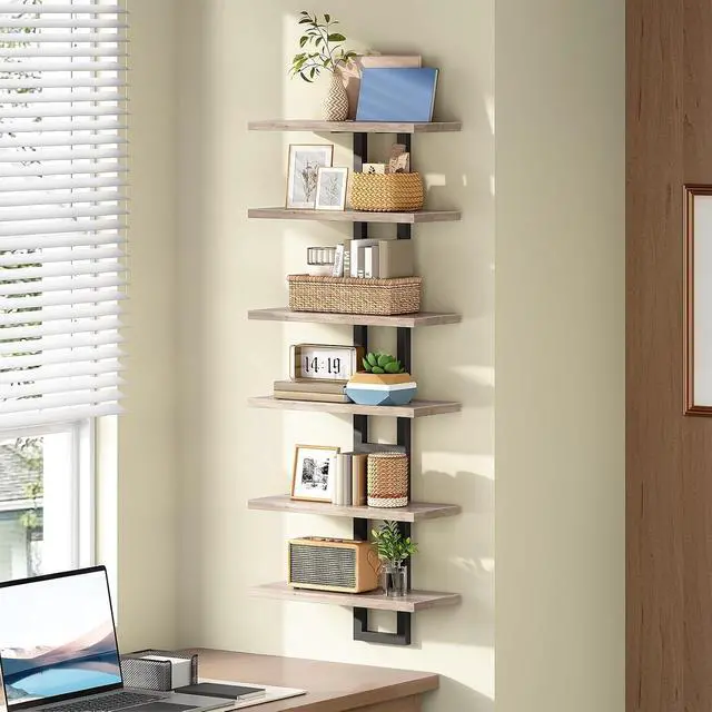 Alt view image 4 of 7 - Floating Shelves, 15 Inch Wall Shelf Set of 3, Wall Mounted Storage Shelves 2-Tier, Hanging Bathroom Shelves, for Living Room, Bedroom, Bathroom, Kitchen, Greige and Black BG32BJP301