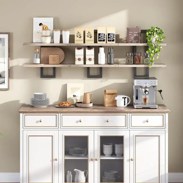 Alt view image 5 of 7 - Floating Shelves, 15 Inch Wall Shelf Set of 3, Wall Mounted Storage Shelves 2-Tier, Hanging Bathroom Shelves, for Living Room, Bedroom, Bathroom, Kitchen, Greige and Black BG32BJP301