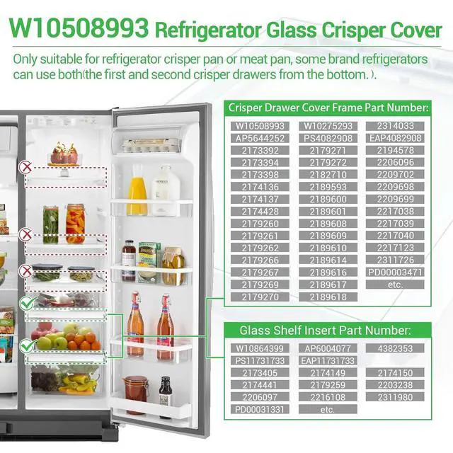 Alt view image 4 of 7 - W10508993, W10864399 Refrigerator Glass Crisper Cover Compatible with whirlpool, kenmore, maytag, amana and kitchenAid etc, Crisper Drawer Cover Assembly W10275293 Replace 2217039, 2206096, 2209698