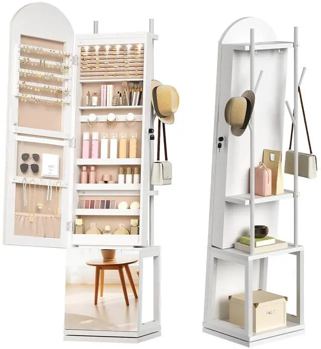 Main image of 360° Swivel Jewelry Cabinet with LED Lights, Standing Jewelry Organizer with Storage Shelf, Arched Full-Length Mirrored Jewelry Aromires, Lockable Jewelry Cabinet, Makeup Brush Boxes, White