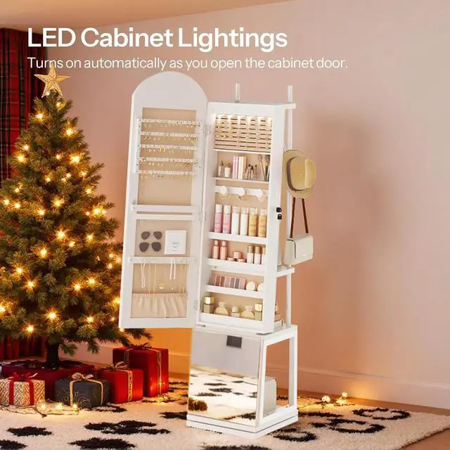Alt view image 2 of 7 - 360° Swivel Jewelry Cabinet with LED Lights, Standing Jewelry Organizer with Storage Shelf, Arched Full-Length Mirrored Jewelry Aromires, Lockable Jewelry Cabinet, Makeup Brush Boxes, White