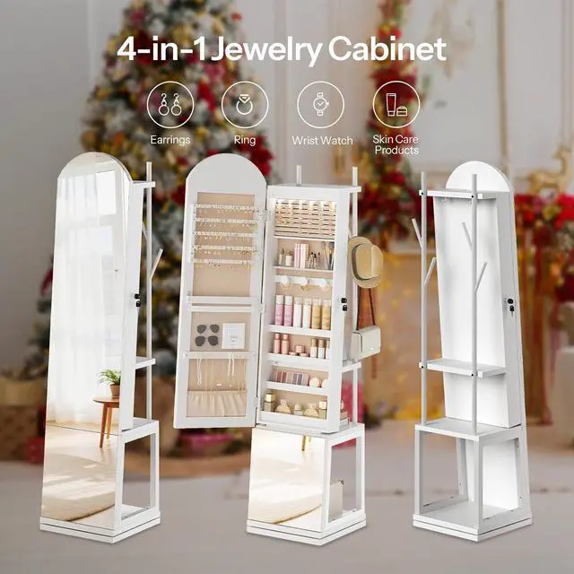 Alt view image 3 of 7 - 360° Swivel Jewelry Cabinet with LED Lights, Standing Jewelry Organizer with Storage Shelf, Arched Full-Length Mirrored Jewelry Aromires, Lockable Jewelry Cabinet, Makeup Brush Boxes, White