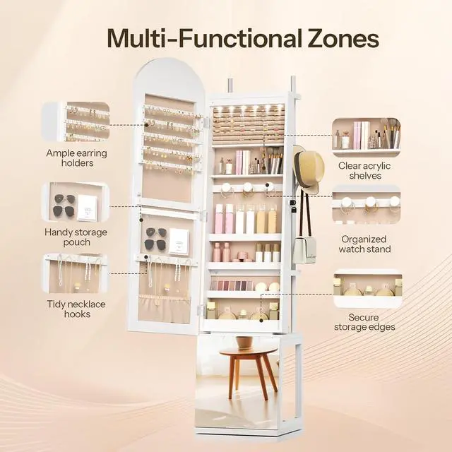 Alt view image 5 of 7 - 360° Swivel Jewelry Cabinet with LED Lights, Standing Jewelry Organizer with Storage Shelf, Arched Full-Length Mirrored Jewelry Aromires, Lockable Jewelry Cabinet, Makeup Brush Boxes, White