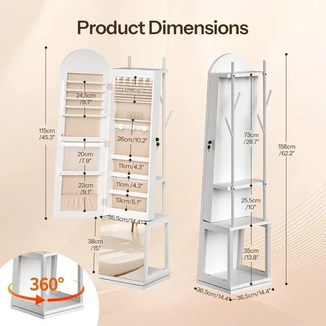 Alt view image 6 of 7 - 360° Swivel Jewelry Cabinet with LED Lights, Standing Jewelry Organizer with Storage Shelf, Arched Full-Length Mirrored Jewelry Aromires, Lockable Jewelry Cabinet, Makeup Brush Boxes, White