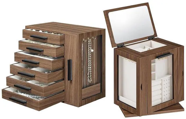 Main image of Jewelry Box for Women, Jewelry Organizer Box, 6-Tier Wooden Jewelry Box and 360° Rotating Jewelry Box with Mirror, Jewelry Organizer with 4 Drawers Bundle, BH12JB04-BH31JB04