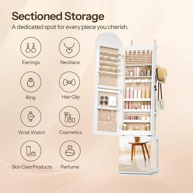 Alt view image 7 of 7 - 360° Swivel Jewelry Cabinet with LED Lights, Standing Jewelry Organizer with Storage Shelf, Arched Full-Length Mirrored Jewelry Aromires, Lockable Jewelry Cabinet, Makeup Brush Boxes, White