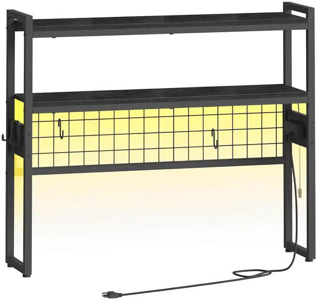 Main image of Desktop Bookcase, 37.4" Large Desk Shelf, 2-Tier Desktop Organizer, Wooden Office Storage Rack with Outlets, Display Shelf Rack with Light Strip, Desk Hutch for Office, Black BB13UDSJ01