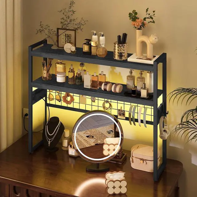 Alt view image 6 of 7 - Desktop Bookcase, 37.4" Large Desk Shelf, 2-Tier Desktop Organizer, Wooden Office Storage Rack with Outlets, Display Shelf Rack with Light Strip, Desk Hutch for Office, Black BB13UDSJ01