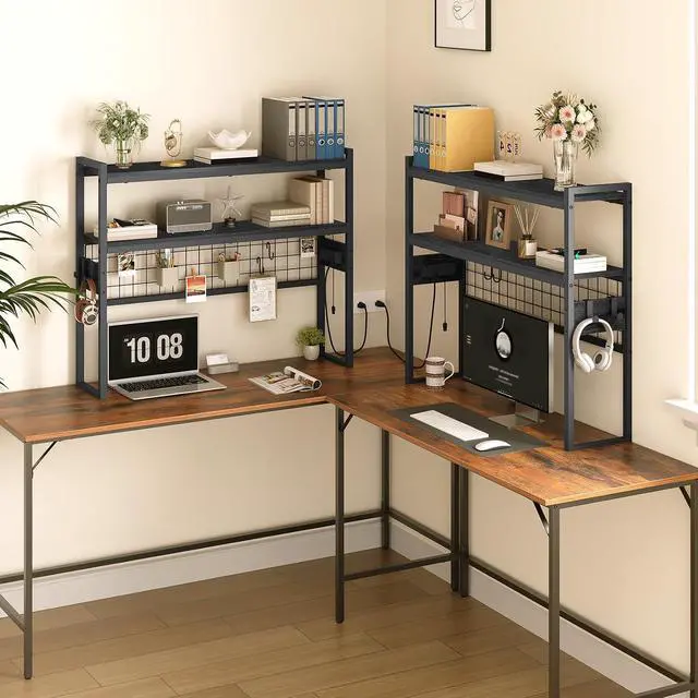 Alt view image 5 of 7 - Desktop Bookcase, 37.4" Large Desk Shelf, 2-Tier Desktop Organizer, Wooden Office Storage Rack with Outlets, Display Shelf Rack with Light Strip, Desk Hutch for Office, Black BB13UDSJ01
