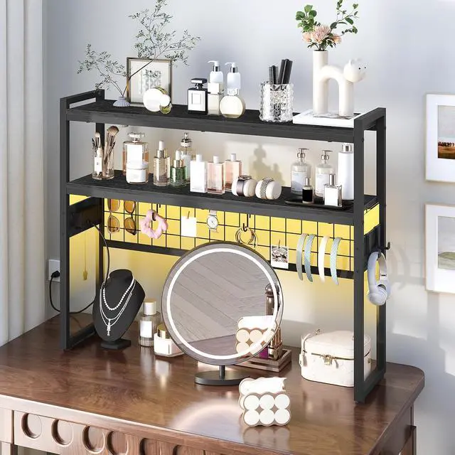Alt view image 4 of 7 - Desktop Bookcase, 37.4" Large Desk Shelf, 2-Tier Desktop Organizer, Wooden Office Storage Rack with Outlets, Display Shelf Rack with Light Strip, Desk Hutch for Office, Black BB13UDSJ01
