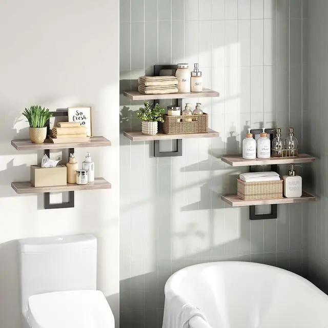 Alt view image 6 of 7 - Floating Shelves, 15 Inch Wall Shelf Set of 3, Wall Mounted Storage Shelves 2-Tier, Hanging Bathroom Shelves, for Living Room, Bedroom, Bathroom, Kitchen, Greige and Black BG32BJP301