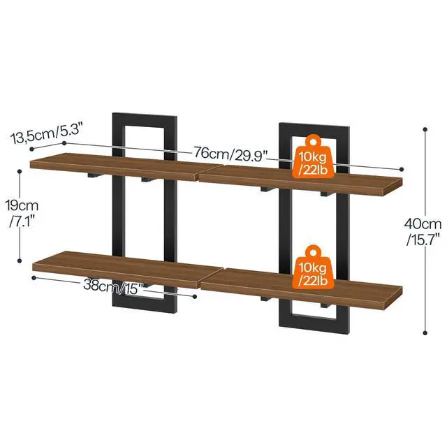 Alt view image 2 of 7 - Floating Shelves, 15 Inch Wall Shelf Set of 2, Wall Mounted Storage Shelves 2-Tier, Hanging Bathroom Shelves, for Living Room, Bedroom, Bathroom, Kitchen, Walnut and Black BH32BJ01