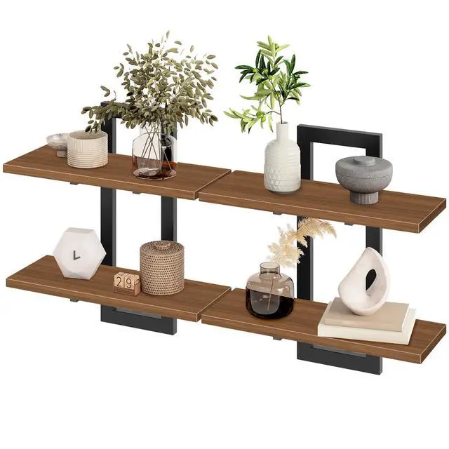 Alt view image 5 of 7 - Floating Shelves, 15 Inch Wall Shelf Set of 2, Wall Mounted Storage Shelves 2-Tier, Hanging Bathroom Shelves, for Living Room, Bedroom, Bathroom, Kitchen, Walnut and Black BH32BJ01