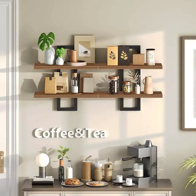 Alt view image 3 of 7 - Floating Shelves, 15 Inch Wall Shelf Set of 2, Wall Mounted Storage Shelves 2-Tier, Hanging Bathroom Shelves, for Living Room, Bedroom, Bathroom, Kitchen, Walnut and Black BH32BJ01