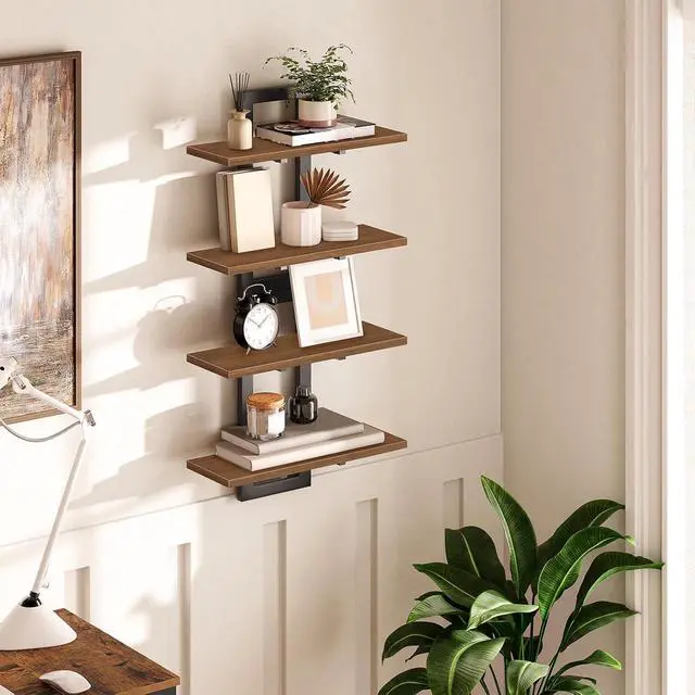 Alt view image 4 of 7 - Floating Shelves, 15 Inch Wall Shelf Set of 2, Wall Mounted Storage Shelves 2-Tier, Hanging Bathroom Shelves, for Living Room, Bedroom, Bathroom, Kitchen, Walnut and Black BH32BJ01