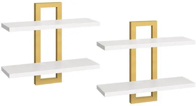 Main image of Floating Shelves, 15 Inch Wall Shelf Set of 2, Wall Mounted Storage Shelves 2-Tier, Hanging Bathroom Shelves, for Living Room, Bedroom, Bathroom, Kitchen, White and Gold DW32BJ01