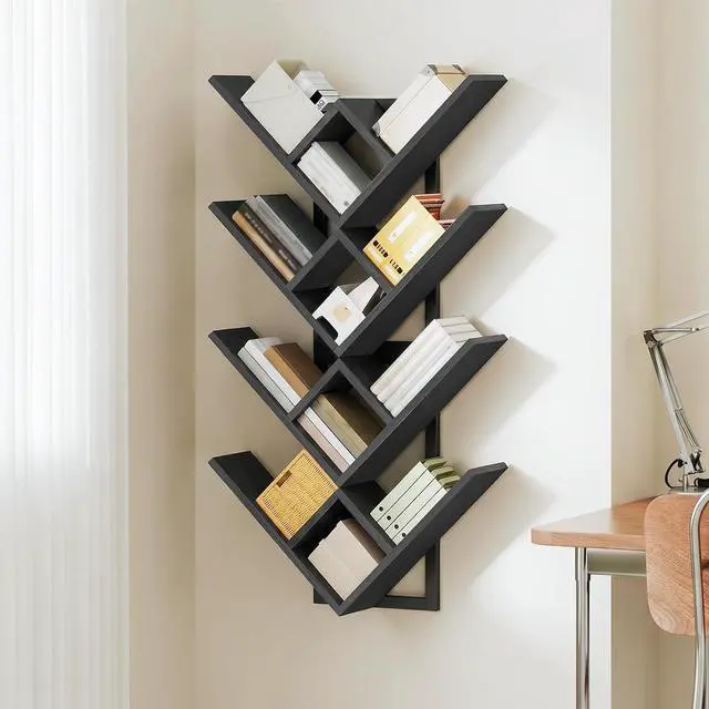 Main image of Floating Shelves for Wall, Set of 2 Wall Mounted Shelves, 2-Tier Wooden Tree Bookshelf, Hanging Shelves Storage Rack, for Living Room, Kitchen, Office, Black BB54BJP201