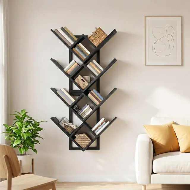 Alt view image 4 of 7 - Floating Shelves for Wall, Set of 2 Wall Mounted Shelves, 2-Tier Wooden Tree Bookshelf, Hanging Shelves Storage Rack, for Living Room, Kitchen, Office, Black BB54BJP201