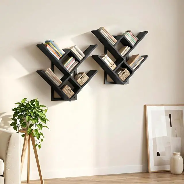 Alt view image 3 of 7 - Floating Shelves for Wall, Set of 2 Wall Mounted Shelves, 2-Tier Wooden Tree Bookshelf, Hanging Shelves Storage Rack, for Living Room, Kitchen, Office, Black BB54BJP201