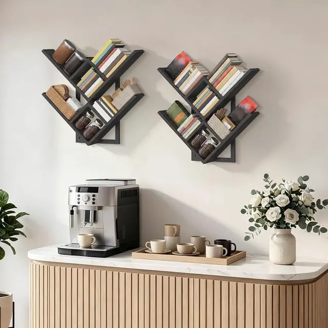 Alt view image 5 of 7 - Floating Shelves for Wall, Set of 2 Wall Mounted Shelves, 2-Tier Wooden Tree Bookshelf, Hanging Shelves Storage Rack, for Living Room, Kitchen, Office, Black BB54BJP201