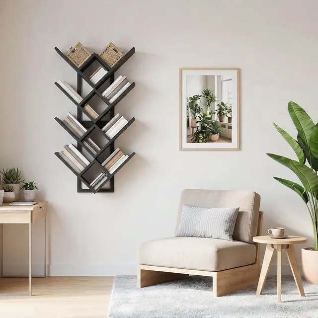 Alt view image 6 of 7 - Floating Shelves for Wall, Set of 2 Wall Mounted Shelves, 2-Tier Wooden Tree Bookshelf, Hanging Shelves Storage Rack, for Living Room, Kitchen, Office, Black BB54BJP201