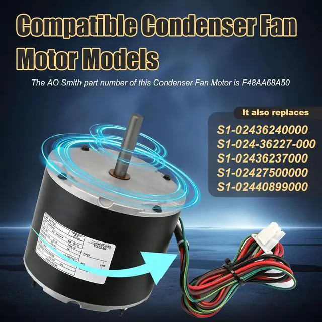 Alt view image 2 of 7 - F48AA68A50 Condenser Fan Motor Replacement for York, Coleman, Luxaire, Genteq, A.O. Smith THGF36S41S3A THGF60S41S3A F48M27A50 etc, 1/4 HP, 850 RPM, 208-230 Volt, 1-Year Warranty