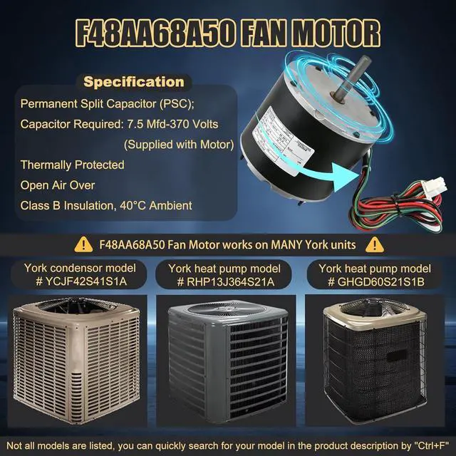 Alt view image 4 of 7 - F48AA68A50 Condenser Fan Motor Replacement for York, Coleman, Luxaire, Genteq, A.O. Smith THGF36S41S3A THGF60S41S3A F48M27A50 etc, 1/4 HP, 850 RPM, 208-230 Volt, 1-Year Warranty