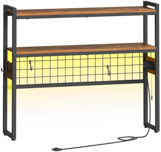 Main image of Desktop Bookcase, 37.4" Large Desk Shelf, 2-Tier Desktop Organizer, Wooden Office Storage Rack with Outlets, Display Shelf Rack with Light Strip, Desk Hutch for Office, Rustic Brown BF13UDSJ01