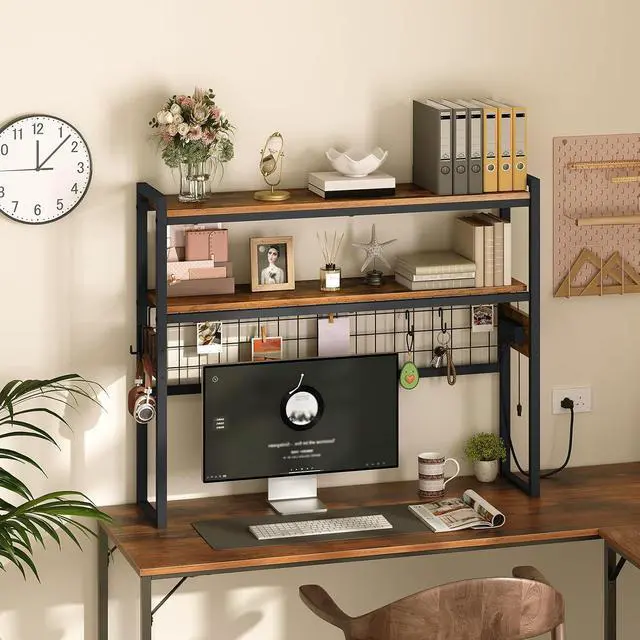 Alt view image 2 of 7 - Desktop Bookcase, 37.4" Large Desk Shelf, 2-Tier Desktop Organizer, Wooden Office Storage Rack with Outlets, Display Shelf Rack with Light Strip, Desk Hutch for Office, Rustic Brown BF13UDSJ01