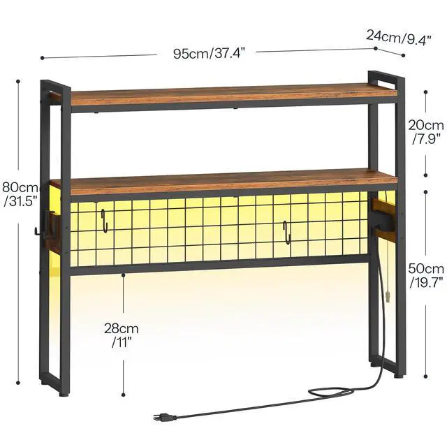 Alt view image 3 of 7 - Desktop Bookcase, 37.4" Large Desk Shelf, 2-Tier Desktop Organizer, Wooden Office Storage Rack with Outlets, Display Shelf Rack with Light Strip, Desk Hutch for Office, Rustic Brown BF13UDSJ01