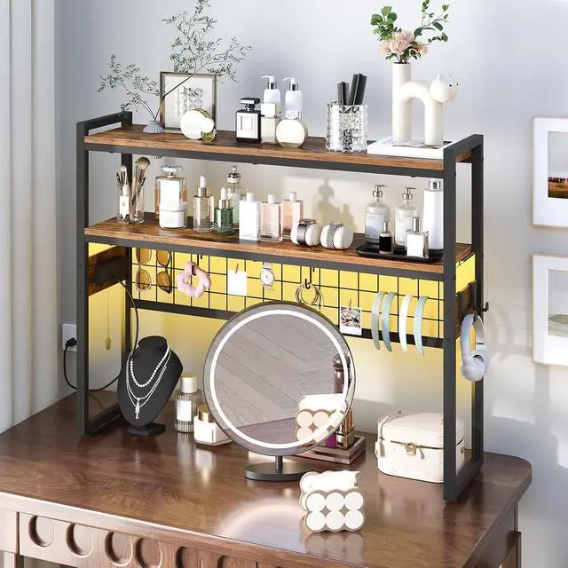 Alt view image 4 of 7 - Desktop Bookcase, 37.4" Large Desk Shelf, 2-Tier Desktop Organizer, Wooden Office Storage Rack with Outlets, Display Shelf Rack with Light Strip, Desk Hutch for Office, Rustic Brown BF13UDSJ01