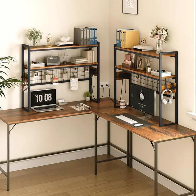 Alt view image 5 of 7 - Desktop Bookcase, 37.4" Large Desk Shelf, 2-Tier Desktop Organizer, Wooden Office Storage Rack with Outlets, Display Shelf Rack with Light Strip, Desk Hutch for Office, Rustic Brown BF13UDSJ01