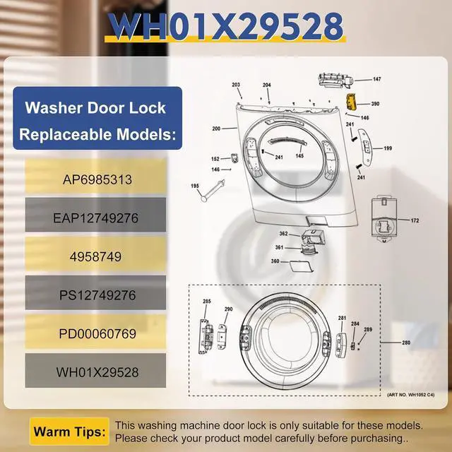 Alt view image 3 of 7 - Upgrade WH01X29528 Washer Door Lock (OEM) Compatible with ge Washing Machine, Replacement AP6985313, EAP12749276, 4958749, PS12749276, PD00060769. 3-Year Warranty
