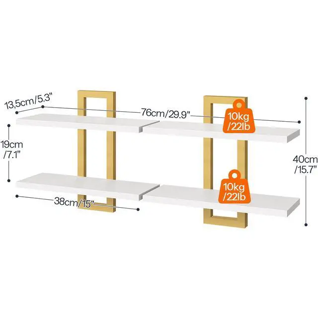 Alt view image 3 of 7 - Floating Shelves, 15 Inch Wall Shelf Set of 2, Wall Mounted Storage Shelves 2-Tier, Hanging Bathroom Shelves, for Living Room, Bedroom, Bathroom, Kitchen, White and Gold DW32BJ01