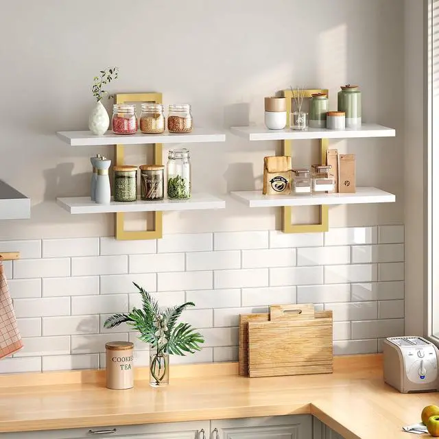 Alt view image 2 of 7 - Floating Shelves, 15 Inch Wall Shelf Set of 2, Wall Mounted Storage Shelves 2-Tier, Hanging Bathroom Shelves, for Living Room, Bedroom, Bathroom, Kitchen, White and Gold DW32BJ01