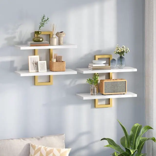 Alt view image 4 of 7 - Floating Shelves, 15 Inch Wall Shelf Set of 2, Wall Mounted Storage Shelves 2-Tier, Hanging Bathroom Shelves, for Living Room, Bedroom, Bathroom, Kitchen, White and Gold DW32BJ01