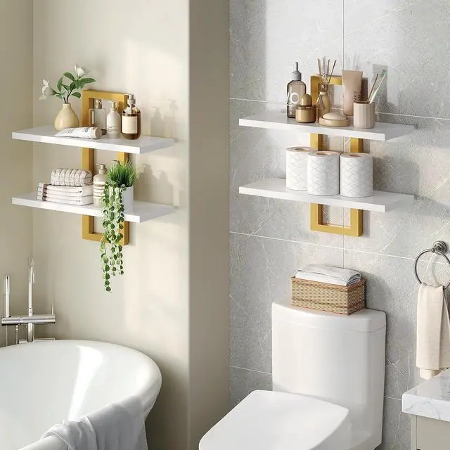 Alt view image 5 of 7 - Floating Shelves, 15 Inch Wall Shelf Set of 2, Wall Mounted Storage Shelves 2-Tier, Hanging Bathroom Shelves, for Living Room, Bedroom, Bathroom, Kitchen, White and Gold DW32BJ01