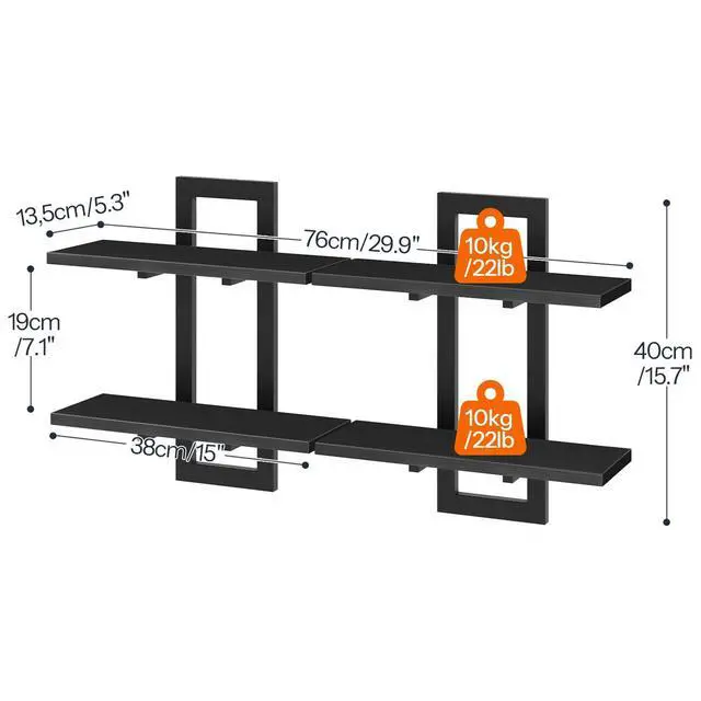 Alt view image 3 of 7 - Floating Shelves, 15 Inch Wall Shelf Set of 2, Wall Mounted Storage Shelves 2-Tier, Hanging Bathroom Shelves, for Living Room, Bedroom, Bathroom, Kitchen, Black BK32BJ01