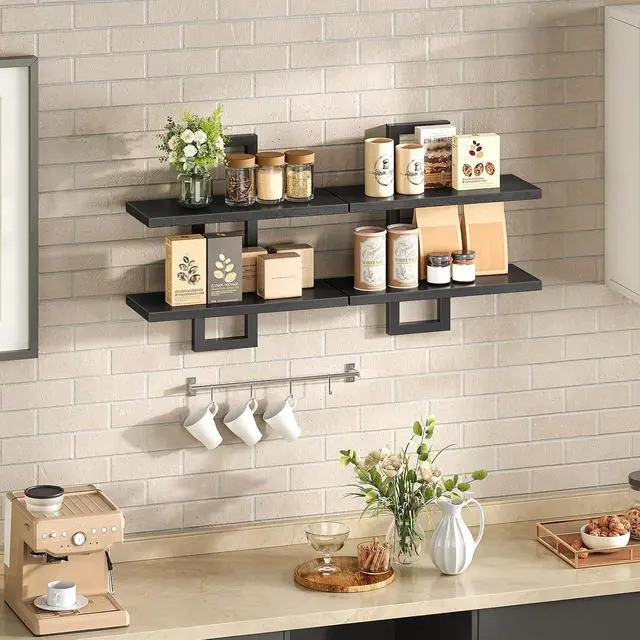 Alt view image 2 of 7 - Floating Shelves, 15 Inch Wall Shelf Set of 2, Wall Mounted Storage Shelves 2-Tier, Hanging Bathroom Shelves, for Living Room, Bedroom, Bathroom, Kitchen, Black BK32BJ01