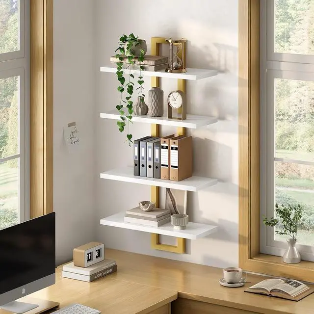 Alt view image 6 of 7 - Floating Shelves, 15 Inch Wall Shelf Set of 2, Wall Mounted Storage Shelves 2-Tier, Hanging Bathroom Shelves, for Living Room, Bedroom, Bathroom, Kitchen, White and Gold DW32BJ01