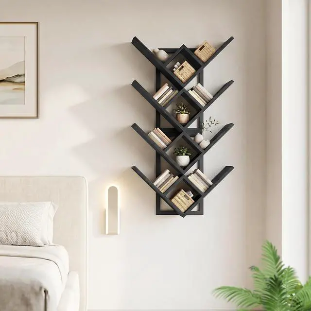 Alt view image 7 of 7 - Floating Shelves for Wall, Set of 2 Wall Mounted Shelves, 2-Tier Wooden Tree Bookshelf, Hanging Shelves Storage Rack, for Living Room, Kitchen, Office, Black BB54BJP201