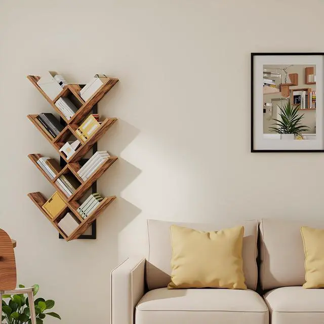 Alt view image 4 of 7 - Floating Shelves for Wall, Set of 2 Wall Mounted Shelves, 2-Tier Wooden Tree Bookshelf, Hanging Shelves Storage Rack, for Living Room, Kitchen, Office, Rustic Brown and Black BF54BJP201
