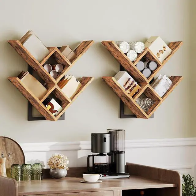 Alt view image 5 of 7 - Floating Shelves for Wall, Set of 2 Wall Mounted Shelves, 2-Tier Wooden Tree Bookshelf, Hanging Shelves Storage Rack, for Living Room, Kitchen, Office, Rustic Brown and Black BF54BJP201