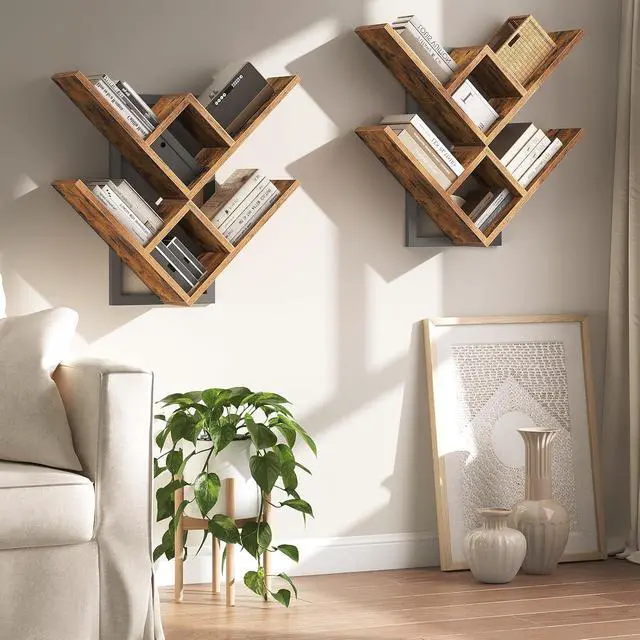 Alt view image 3 of 7 - Floating Shelves for Wall, Set of 2 Wall Mounted Shelves, 2-Tier Wooden Tree Bookshelf, Hanging Shelves Storage Rack, for Living Room, Kitchen, Office, Rustic Brown and Black BF54BJP201