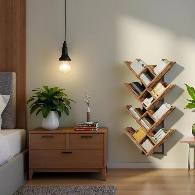 Alt view image 7 of 7 - Floating Shelves for Wall, Set of 2 Wall Mounted Shelves, 2-Tier Wooden Tree Bookshelf, Hanging Shelves Storage Rack, for Living Room, Kitchen, Office, Rustic Brown and Black BF54BJP201