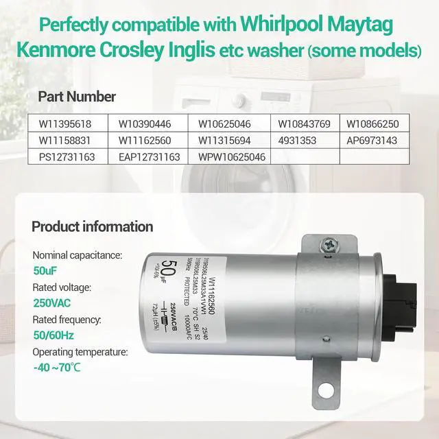 Alt view image 2 of 7 - W11395618 W10625046 Washer Motor Run Capacitor Compatible with Whirlpool maytag Kenmore Crosley Inglis etc (Some Models), Replace Number: W10866250 W11158831 W10843769 W11162560 WPW10625046 etc