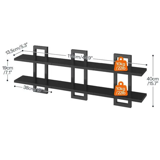 Alt view image 2 of 7 - Floating Shelves, 15 Inch Wall Shelf Set of 3, Wall Mounted Storage Shelves 2-Tier, Hanging Bathroom Shelves, for Living Room, Bedroom, Bathroom, Kitchen, Black BK32BJP301