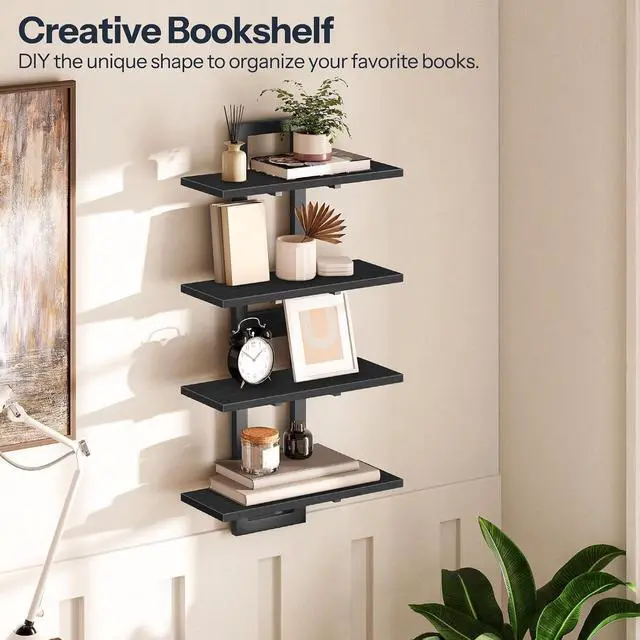Alt view image 5 of 7 - Floating Shelves, 15 Inch Wall Shelf Set of 2, Wall Mounted Storage Shelves 2-Tier, Hanging Bathroom Shelves, for Living Room, Bedroom, Bathroom, Kitchen, Black BK32BJ01