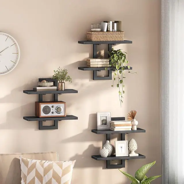 Main image of Floating Shelves, 15 Inch Wall Shelf Set of 3, Wall Mounted Storage Shelves 2-Tier, Hanging Bathroom Shelves, for Living Room, Bedroom, Bathroom, Kitchen, Black BK32BJP301